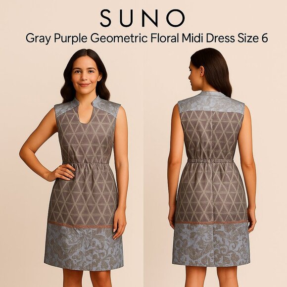 SUNO Gray Purple Geometric Floral Midi Dress Sz 6 - Picture 1 of 10